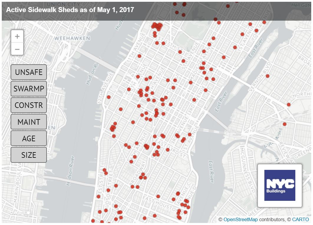 Active Sidewalk Sheds in NYC - May 2017